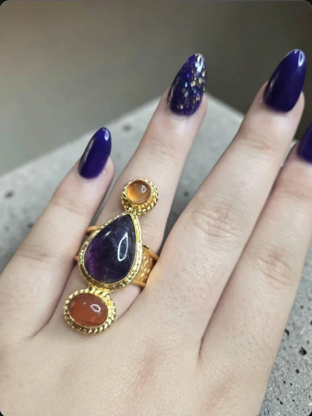 18k Gold Plated Artisan Genuine Amethyst Citrine Carnelian Hammered Ring
